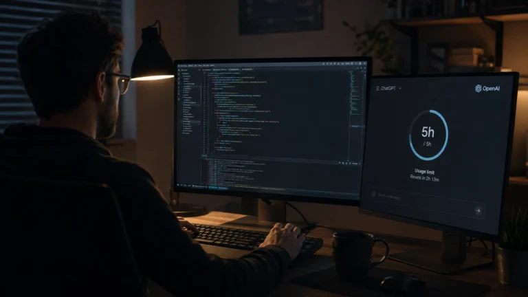 Developer working with an AI coding tool while a five-hour usage limit appears on screen.