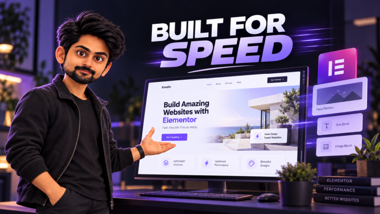 Illustrated web developer showcasing a fast, optimized Elementor website with a clean layout, lightweight structure, and improved WordPress performance.