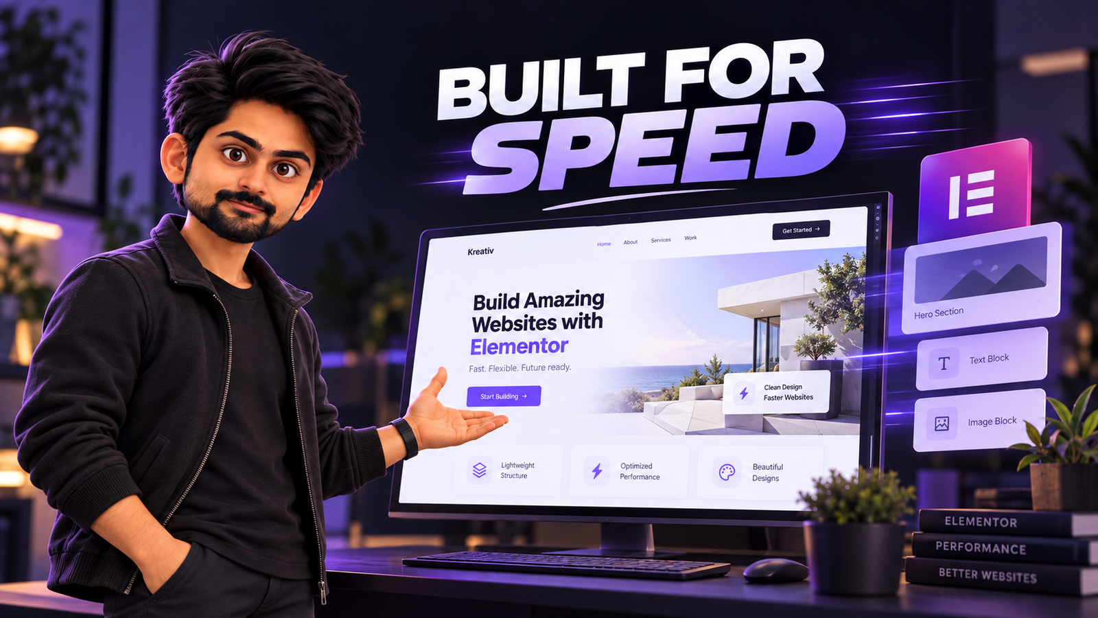 Illustrated web developer showcasing a fast, optimized Elementor website with a clean layout, lightweight structure, and improved WordPress performance.