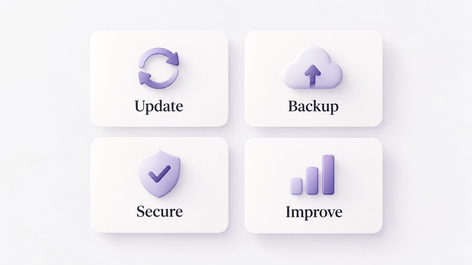 Minimal website maintenance checklist illustration showing four cards for updates, backups, security, and performance improvement.
