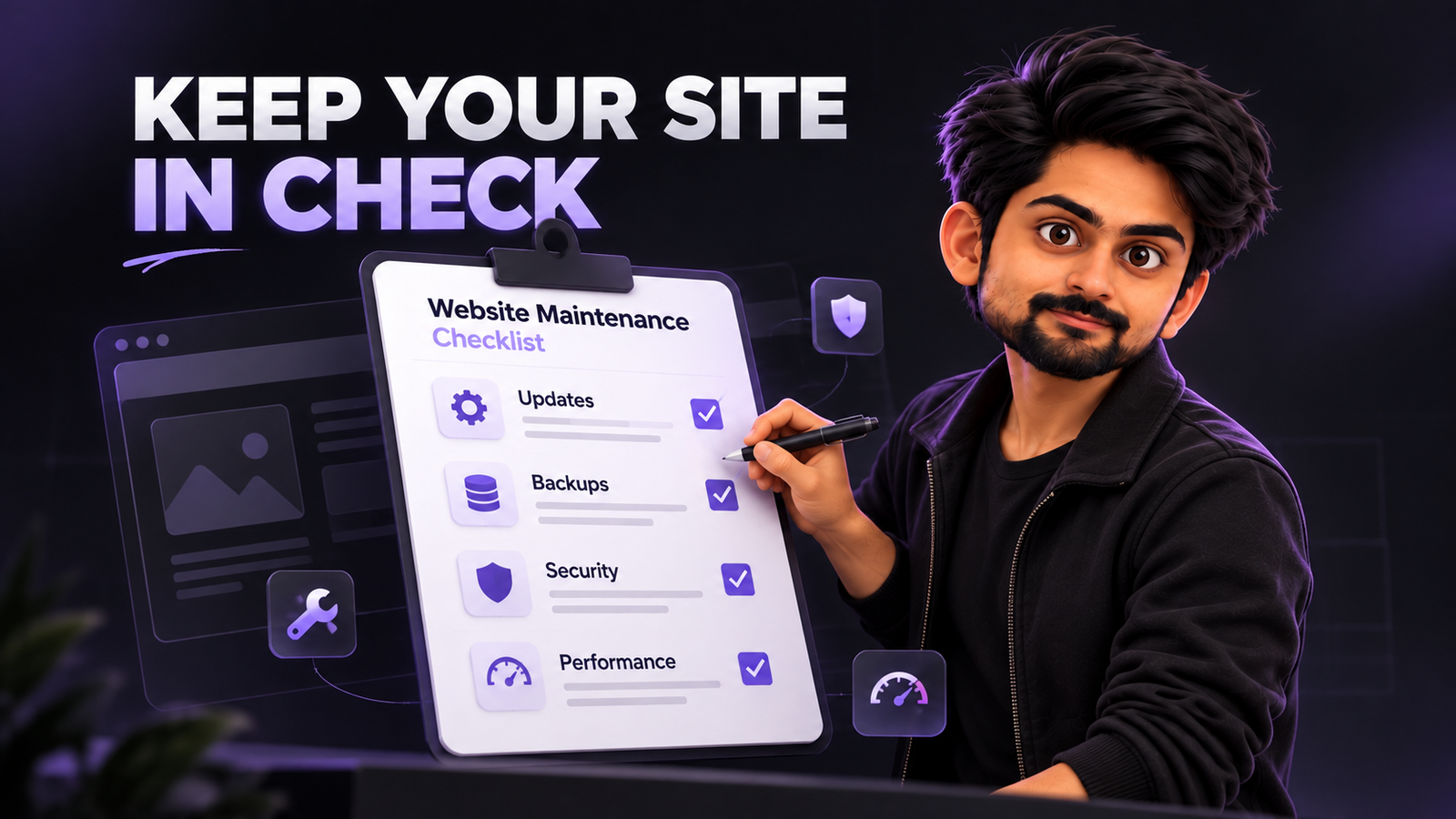 3D illustration of a web developer reviewing a website maintenance checklist covering updates, backups, security, and performance on a dark purple background.