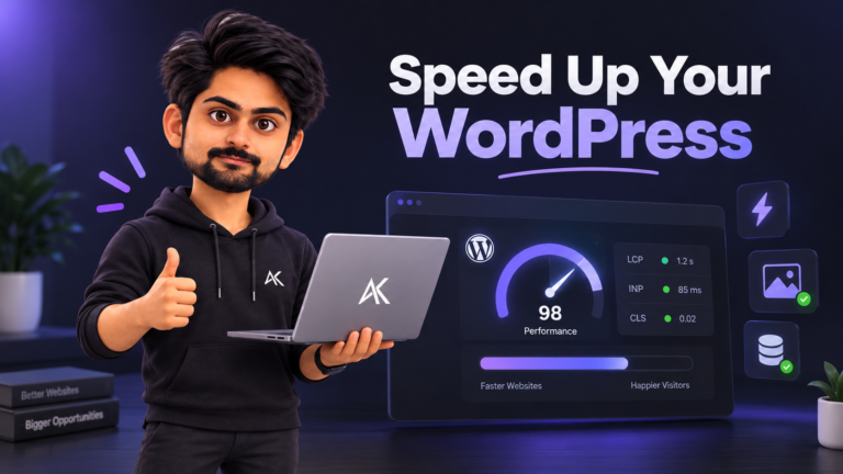 Amar karthik in 3D character holding a laptop beside a WordPress performance dashboard, illustrating faster website loading and Core Web Vitals optimization.