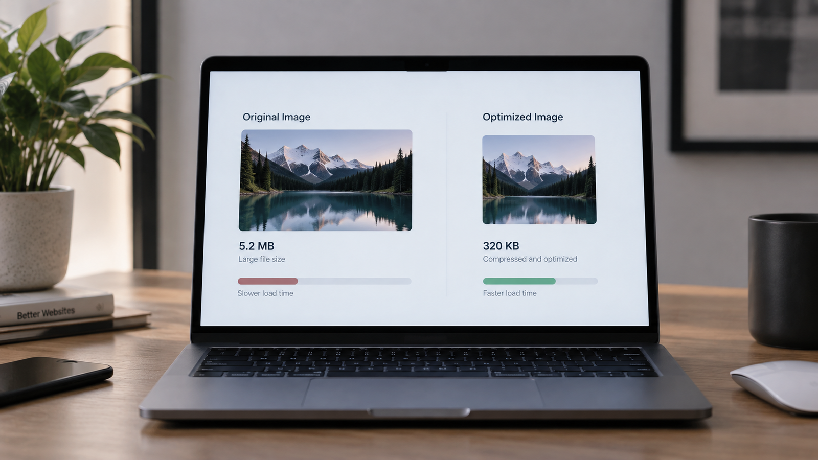 Laptop showing a side-by-side comparison of unoptimized and optimized website images for WordPress speed optimization.