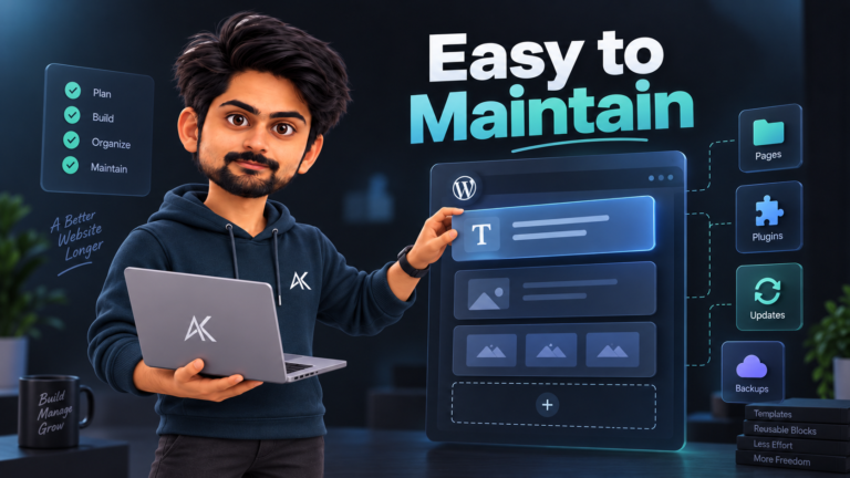 Amar Karthik in 3D featured image showing a cartoon-style man holding a laptop and arranging a WordPress website layout, with the heading “Easy to Maintain” on a dark blue background and visual elements representing pages, plugins, updates, and backups.