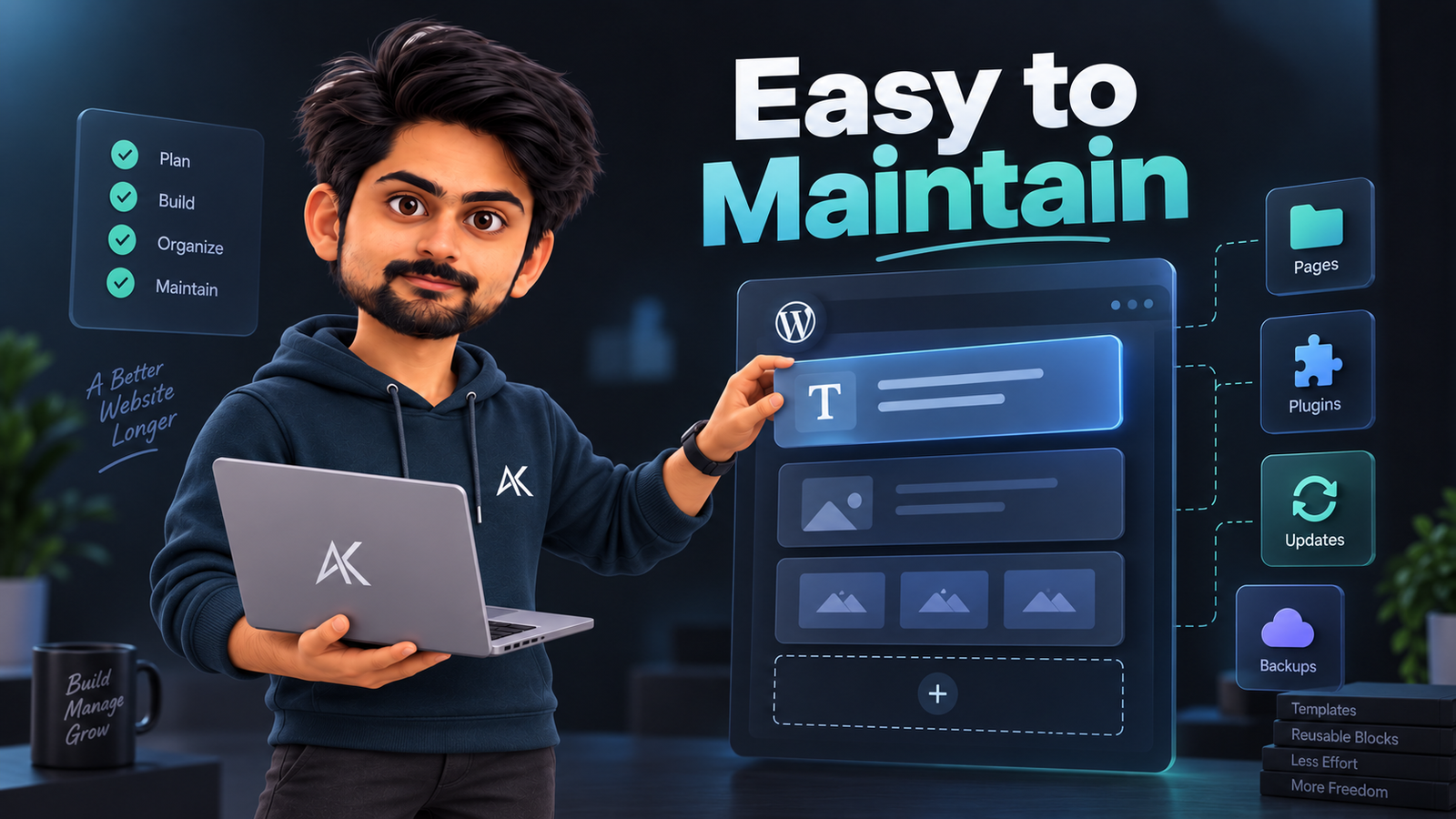 Amar Karthik in 3D featured image showing a cartoon-style man holding a laptop and arranging a WordPress website layout, with the heading “Easy to Maintain” on a dark blue background and visual elements representing pages, plugins, updates, and backups.