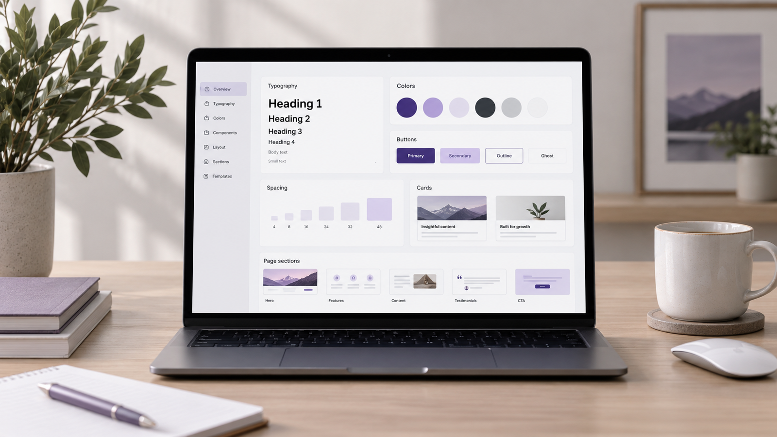 Minimal website design system with modular UI cards for typography, buttons, spacing, colors, images, and reusable content sections.