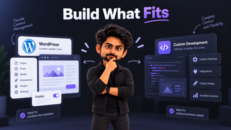 Dark featured illustration showing a stylized male character in a black jacket standing in the center in a thoughtful pose, with WordPress content management panels on the left and custom development interface panels on the right, under the heading “Build What Fits.”