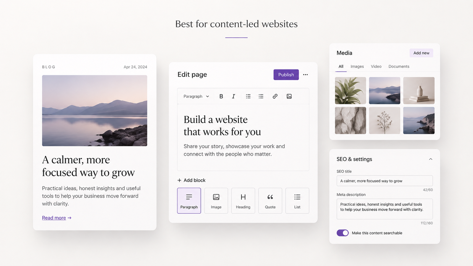 Minimal editorial illustration showing floating content management panels for a blog website, including a blog post preview, page editor, media library, and SEO settings, with the heading “Best for content-led websites” on a soft neutral background.