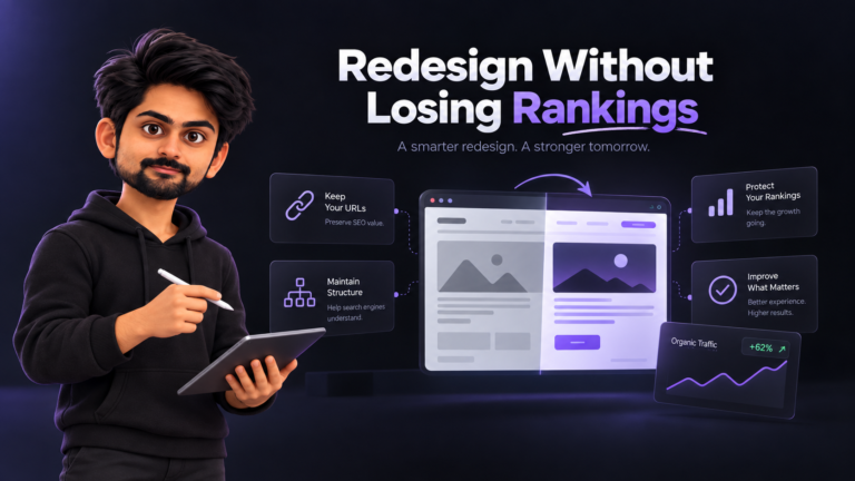 Featured image showing a dark website redesign concept with SEO elements for preserving URLs, site structure, organic traffic, and search rankings during a redesign.