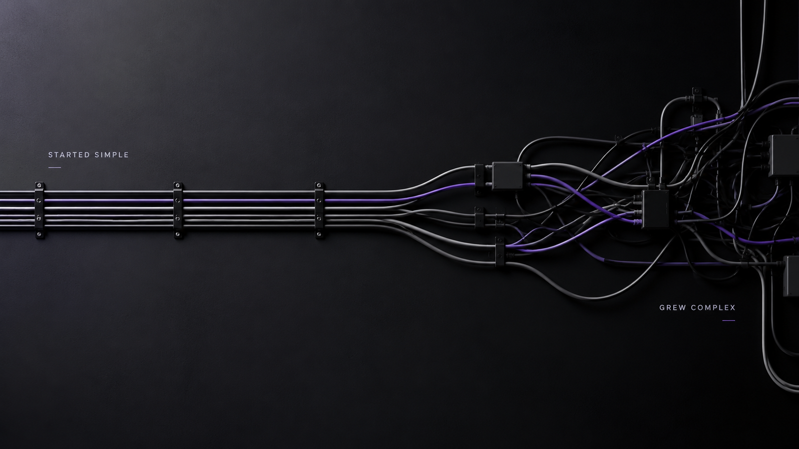 Organized website cables gradually becoming tangled, representing technical debt and growing website complexity.