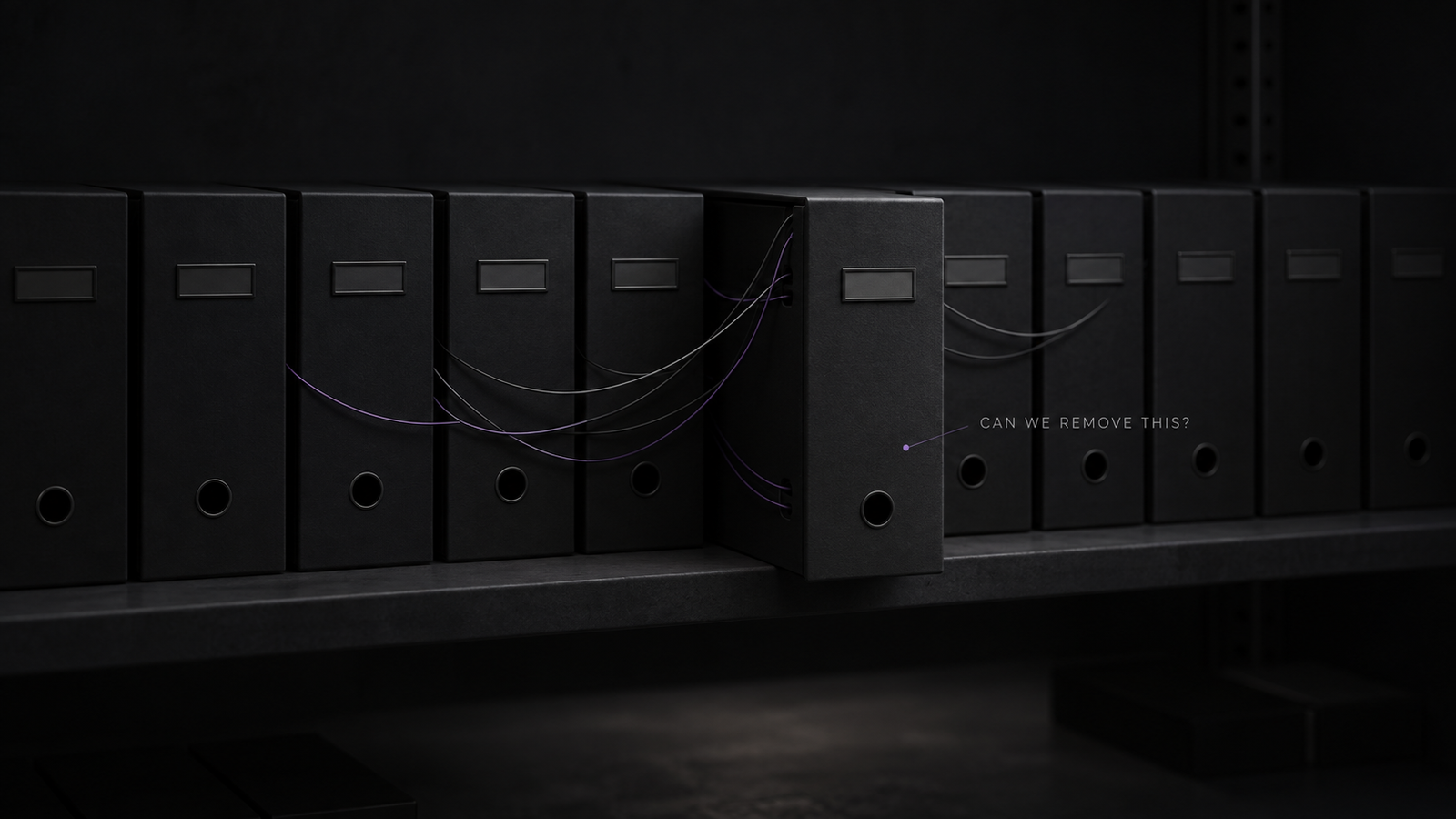 Black archive folders connected by thin cables, with one folder pulled forward to represent uncertain website dependencies and outdated components.