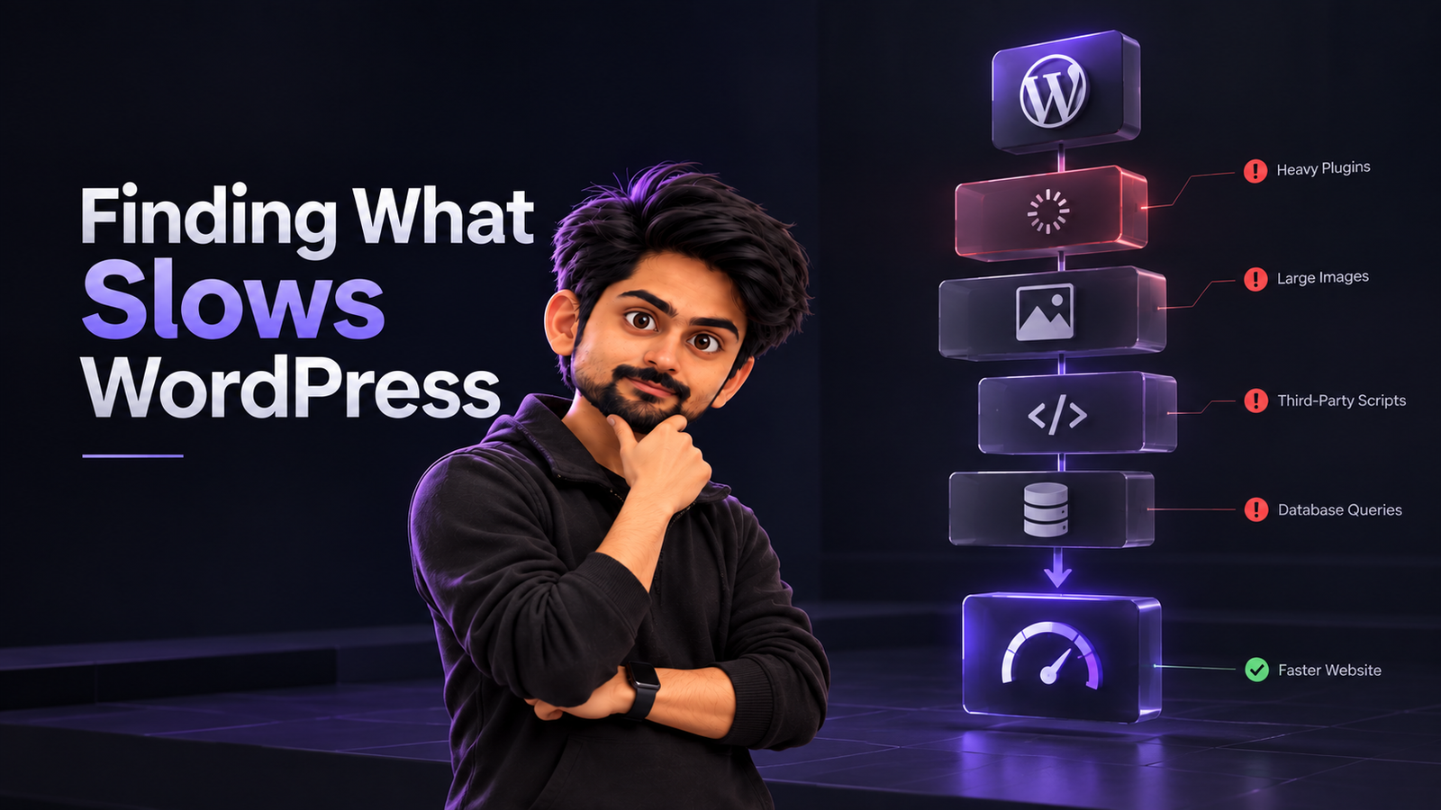 Illustration showing common WordPress performance bottlenecks such as heavy plugins, large images, third-party scripts, and database queries being traced to improve website speed.