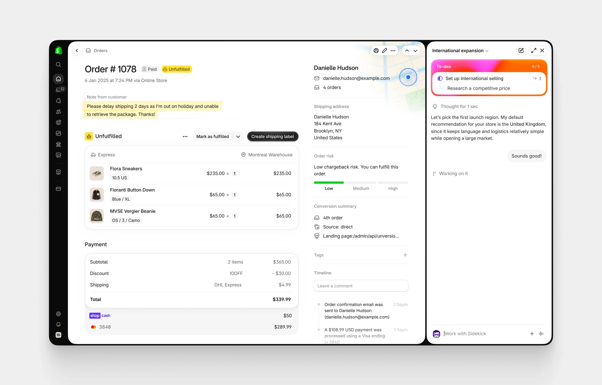 Shopify admin collapsed navigation with Sidekick panel