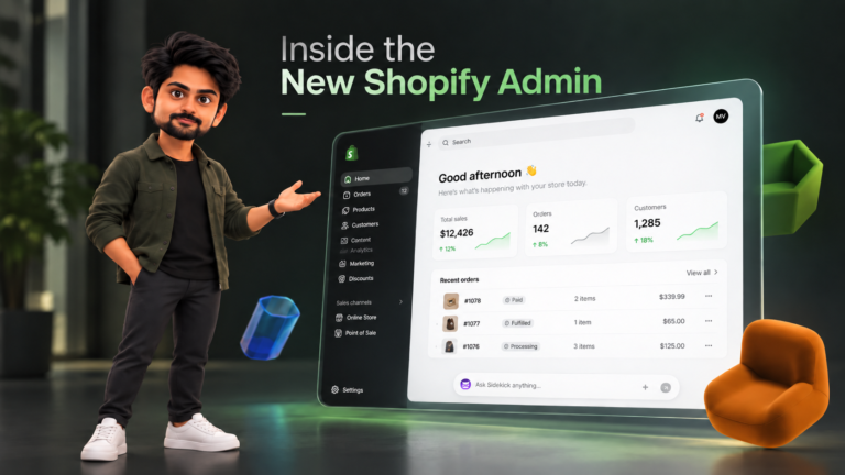 Shopify new admin UI redesign with dark sidebar, Sidekick, and updated dashboard interface