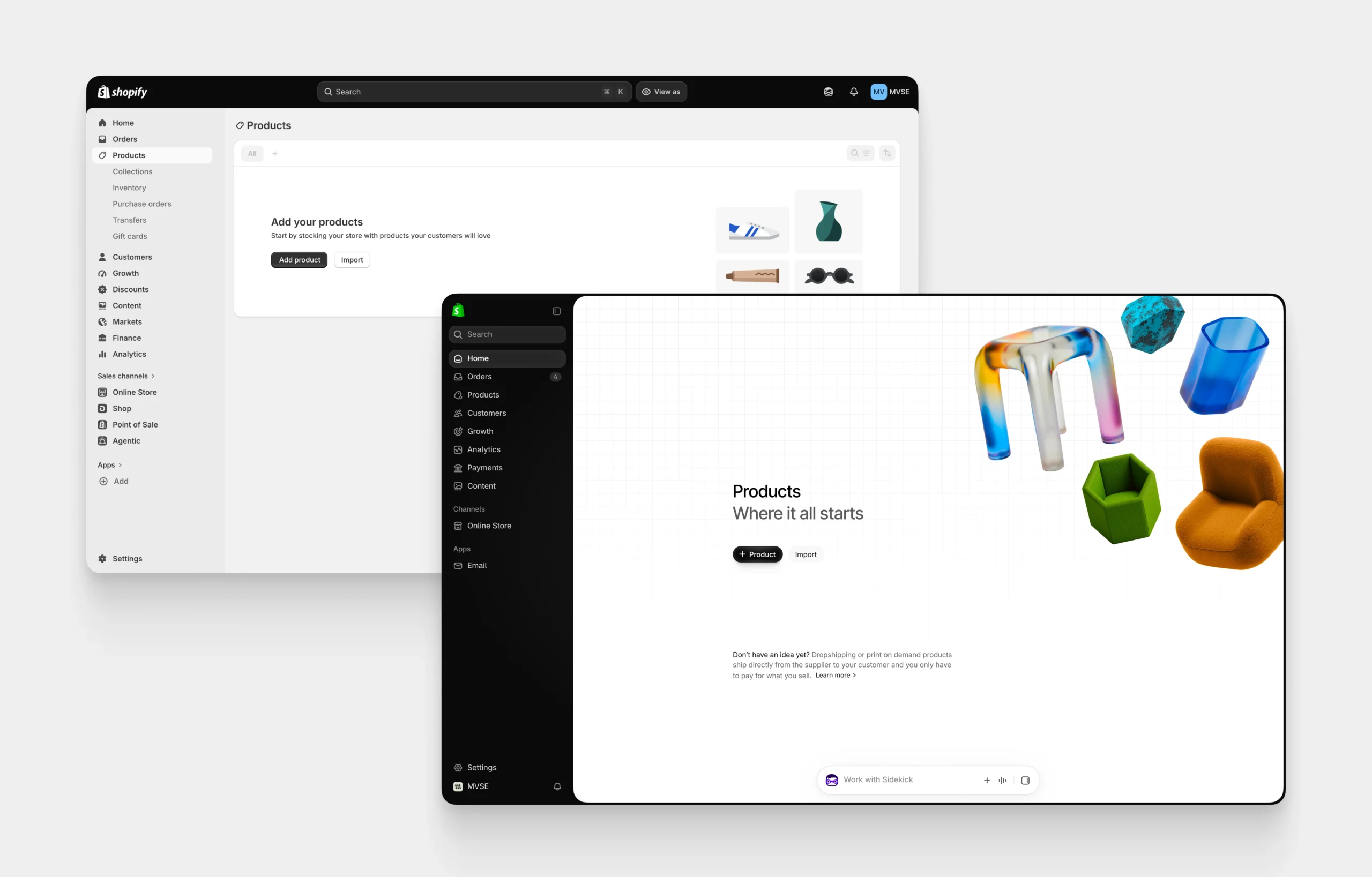 Old vs new Shopify admin UI Products page comparison