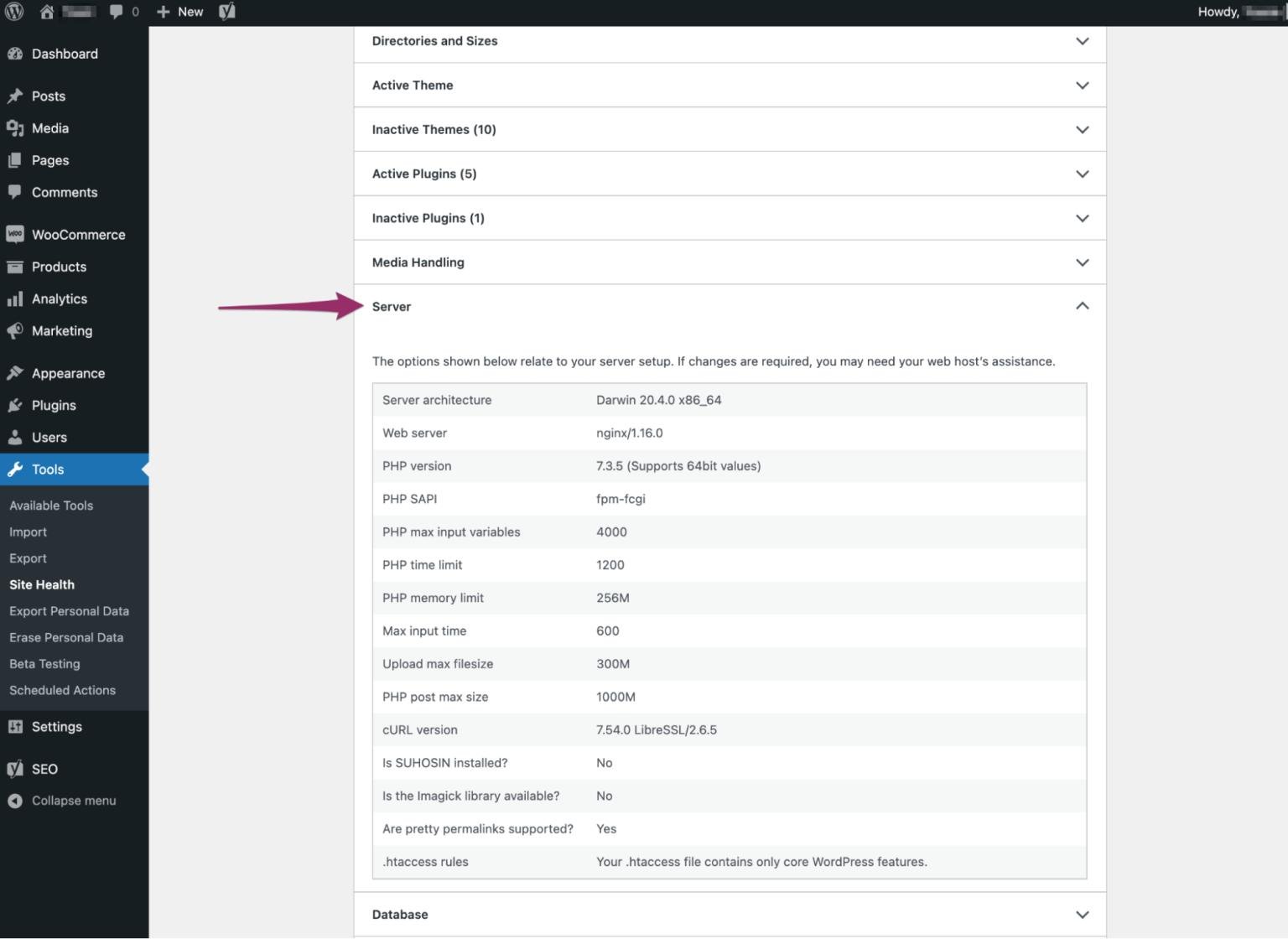 WordPress Site Health server information showing the installed PHP version.