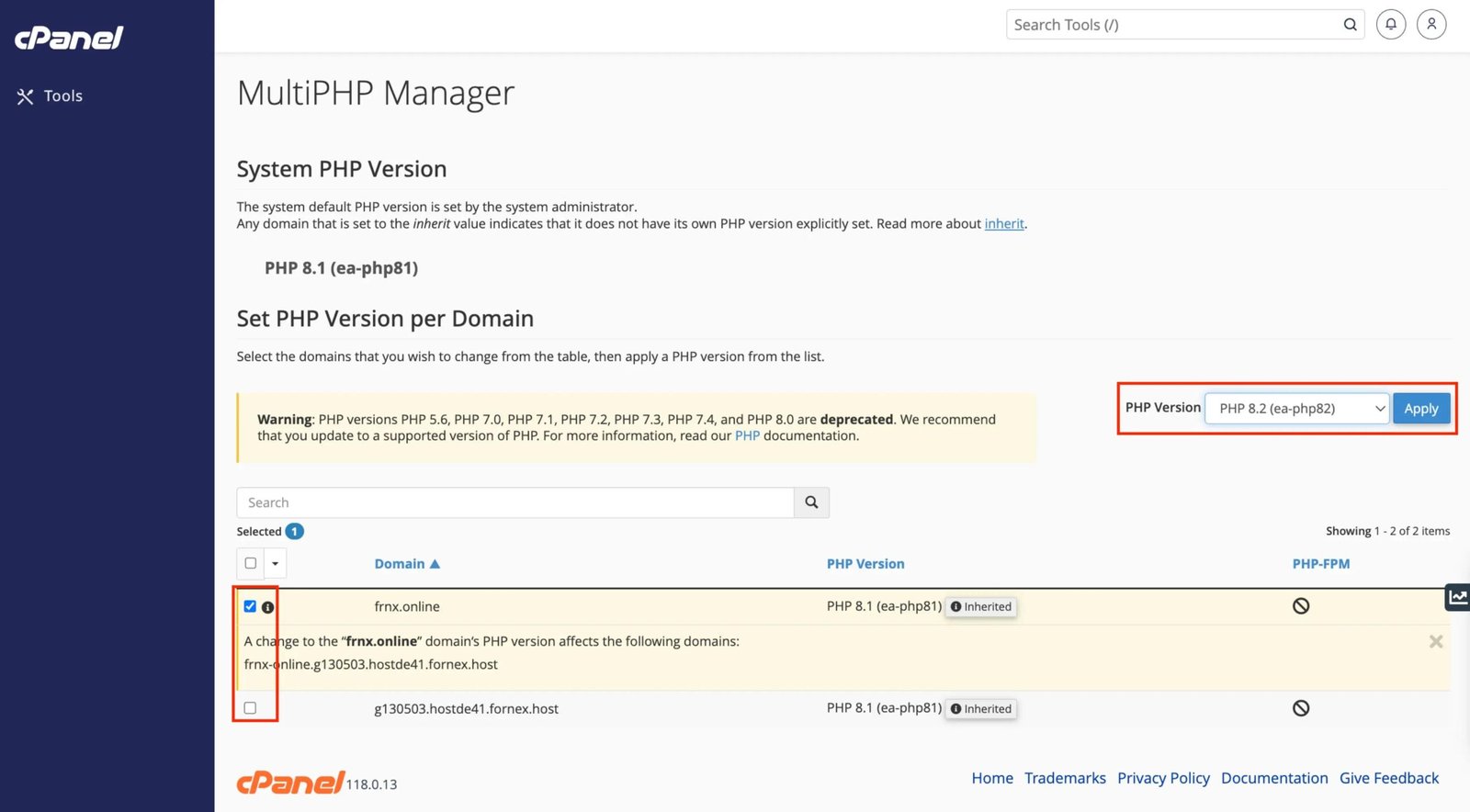 cPanel MultiPHP Manager interface showing the PHP version selection menu.