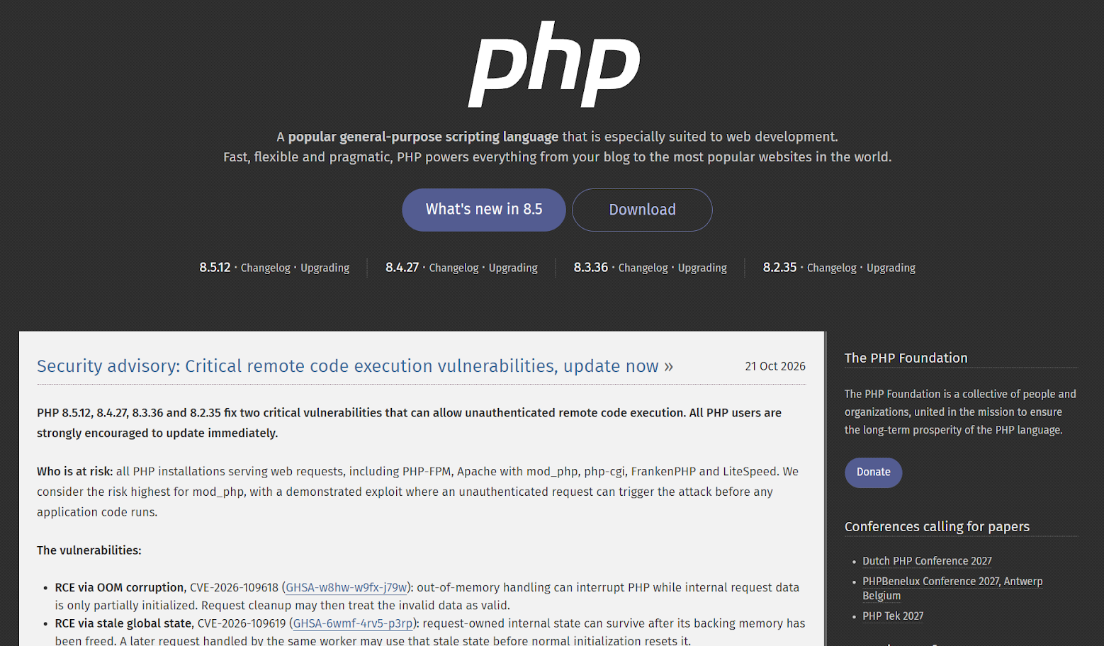 Official PHP security advisory showing PHP 8.5.12, 8.4.27, 8.3.36, and 8.2.35 as patched versions for the PHP2Shell vulnerabilities.