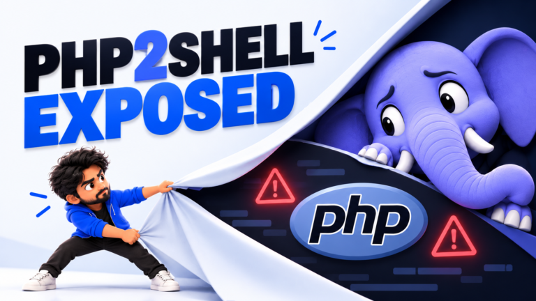 3D illustration of PHP2Shell vulnerability exposure featuring a worried PHP elephant mascot, PHP logo, security warning symbols, and a developer revealing the threat.