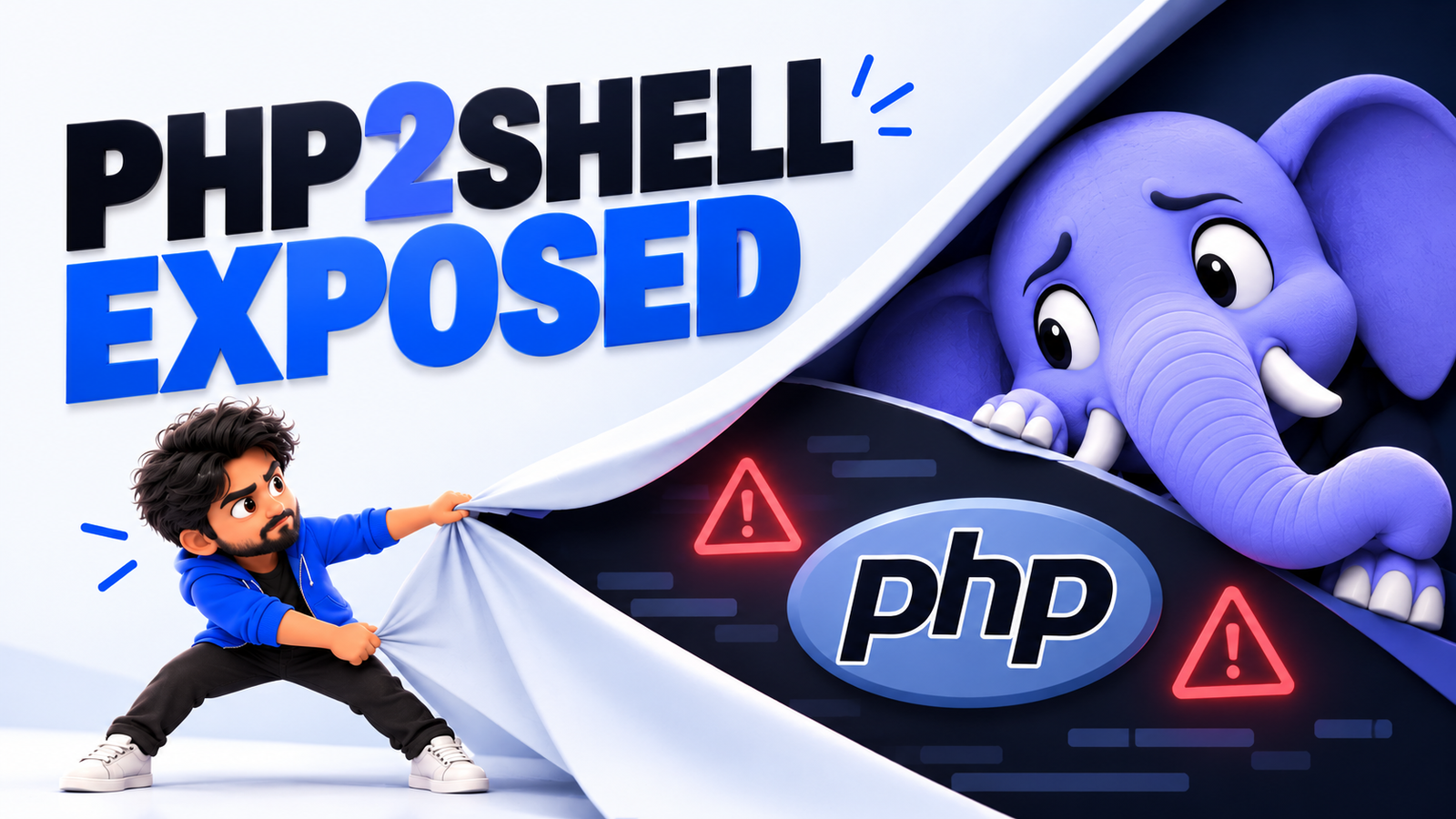3D illustration of PHP2Shell vulnerability exposure featuring a worried PHP elephant mascot, PHP logo, security warning symbols, and a developer revealing the threat.