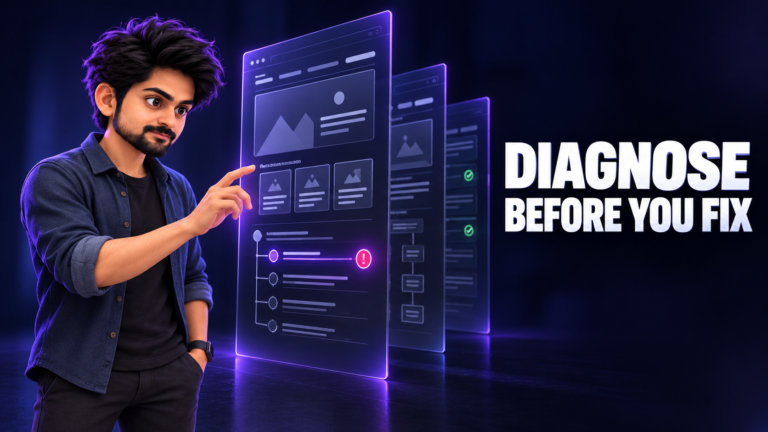 Stylized illustration of Amar Karthik examining website structure and technical SEO issues before making changes.