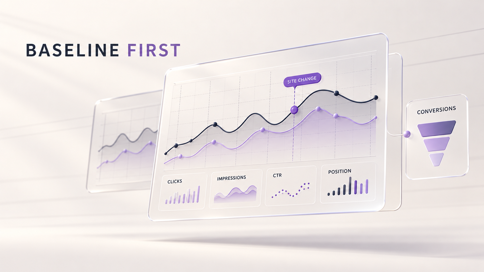 Editorial SEO analytics illustration showing search performance metrics, comparison trends, website changes, and conversions.
