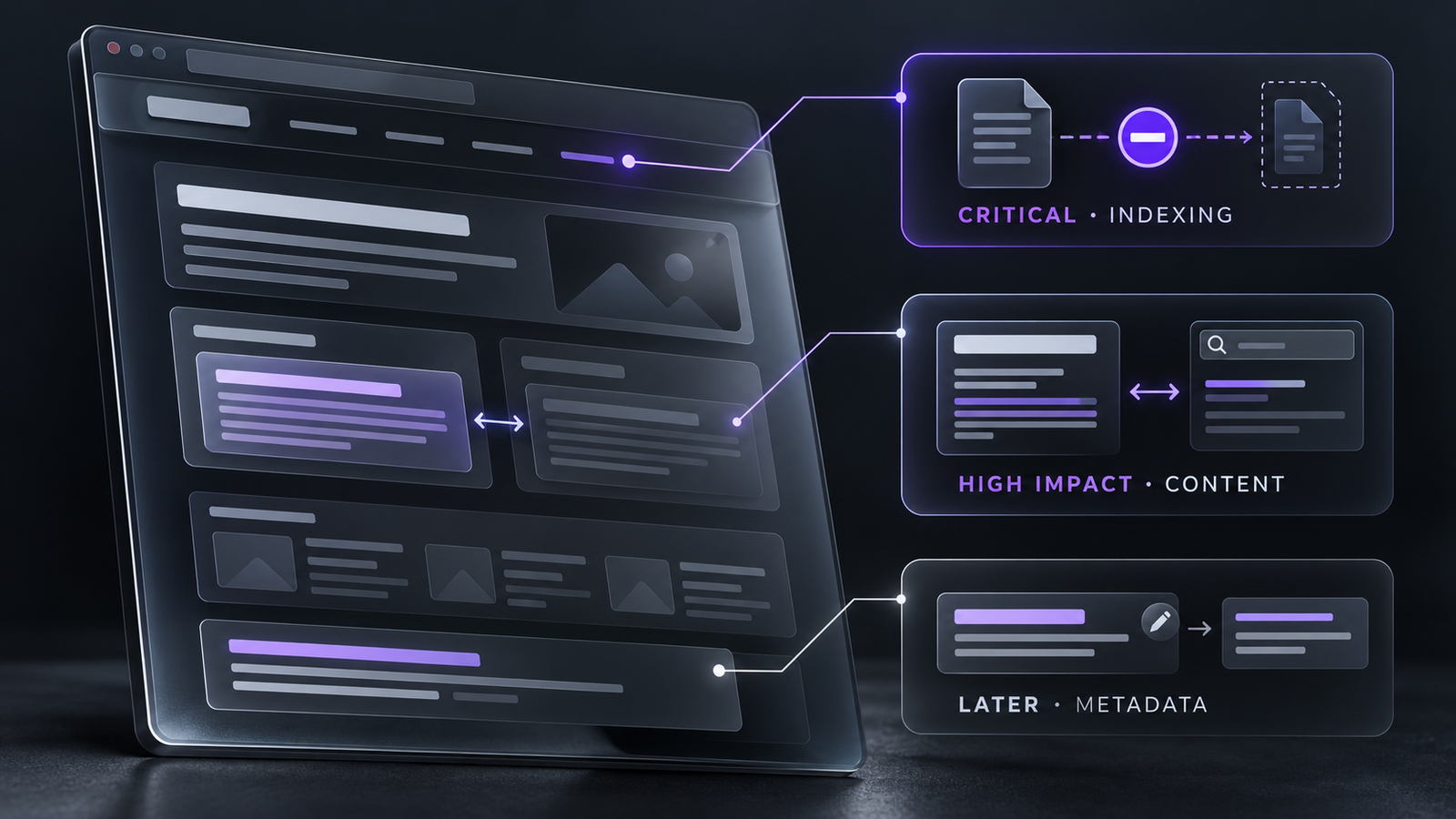 Technical SEO audit illustration showing indexing errors, content optimization opportunities, and metadata improvements organized by priority.