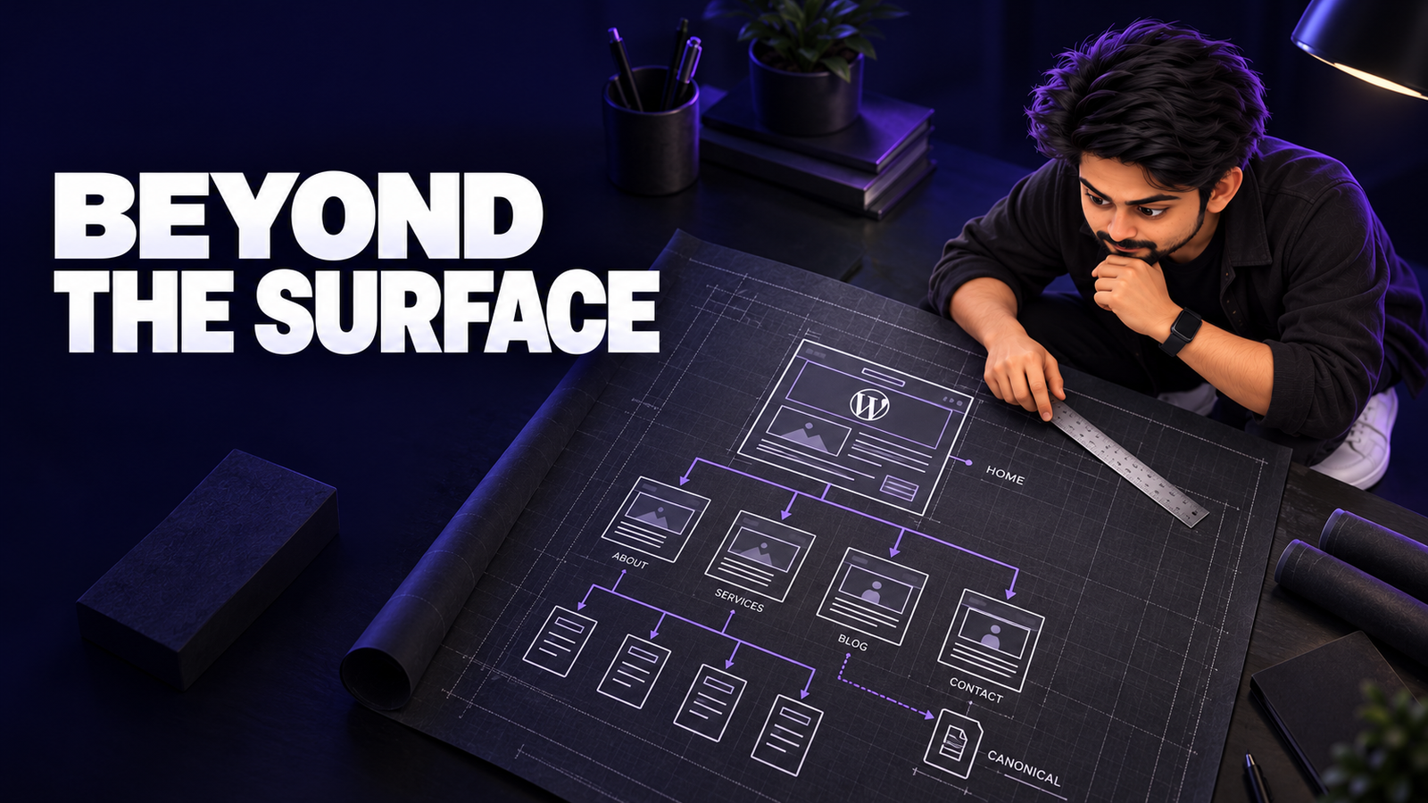 Amar Karthik examining a WordPress website architecture blueprint, illustrating technical SEO and website structure.