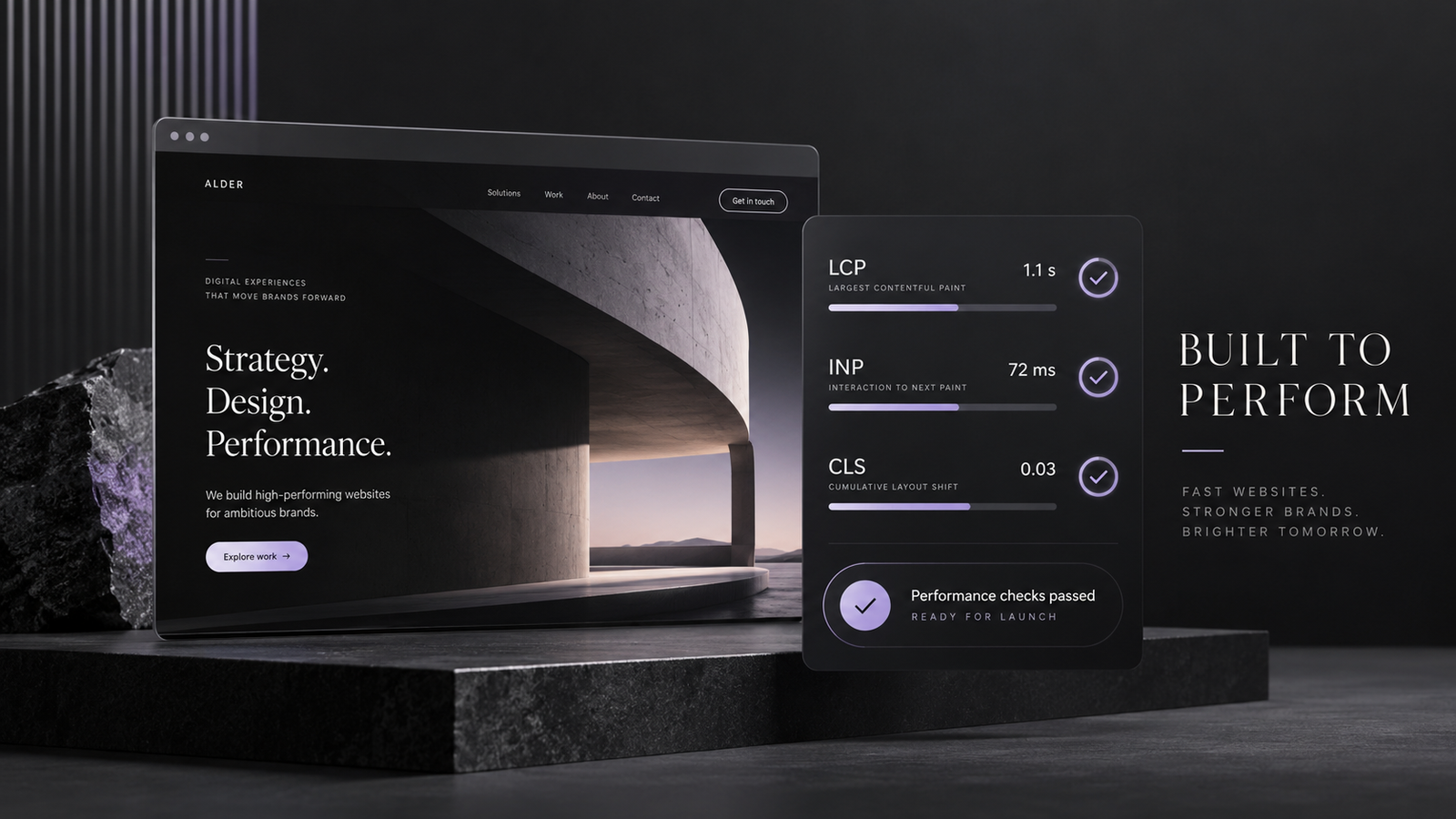 Website performance testing showing Core Web Vitals metrics including LCP, INP, and CLS, with successful checks before launching a business website.