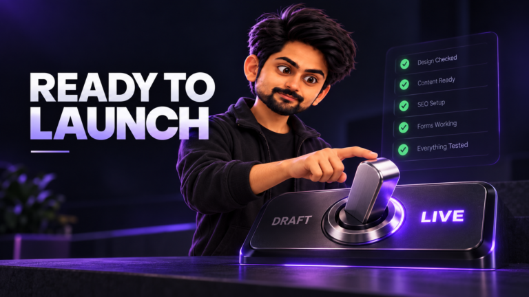 Featured image for a website launch checklist article showing a character beside a website launch checklist and a website preview, highlighting key pre-launch checks before going live.
