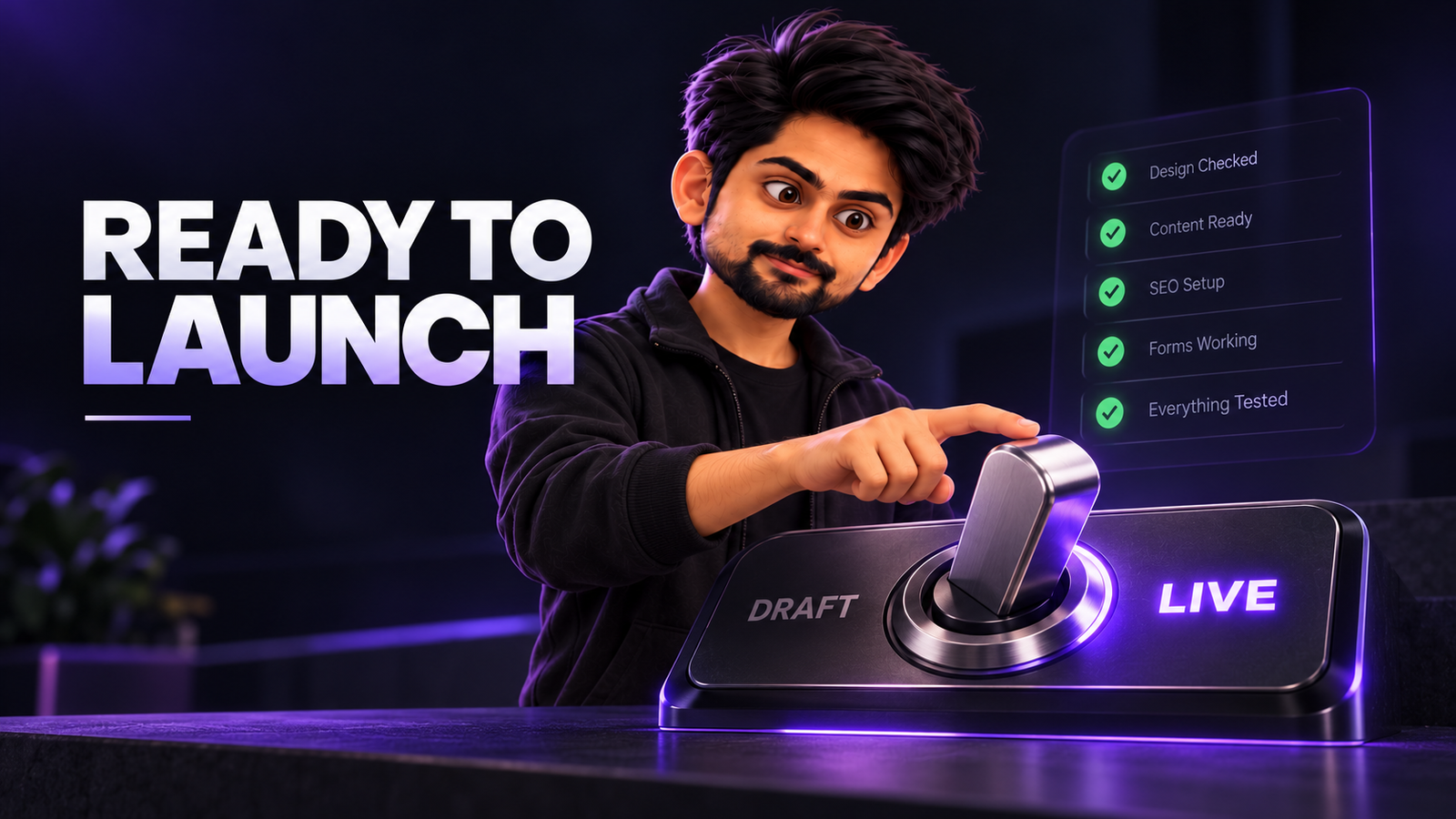 Featured image for a website launch checklist article showing a character beside a website launch checklist and a website preview, highlighting key pre-launch checks before going live.