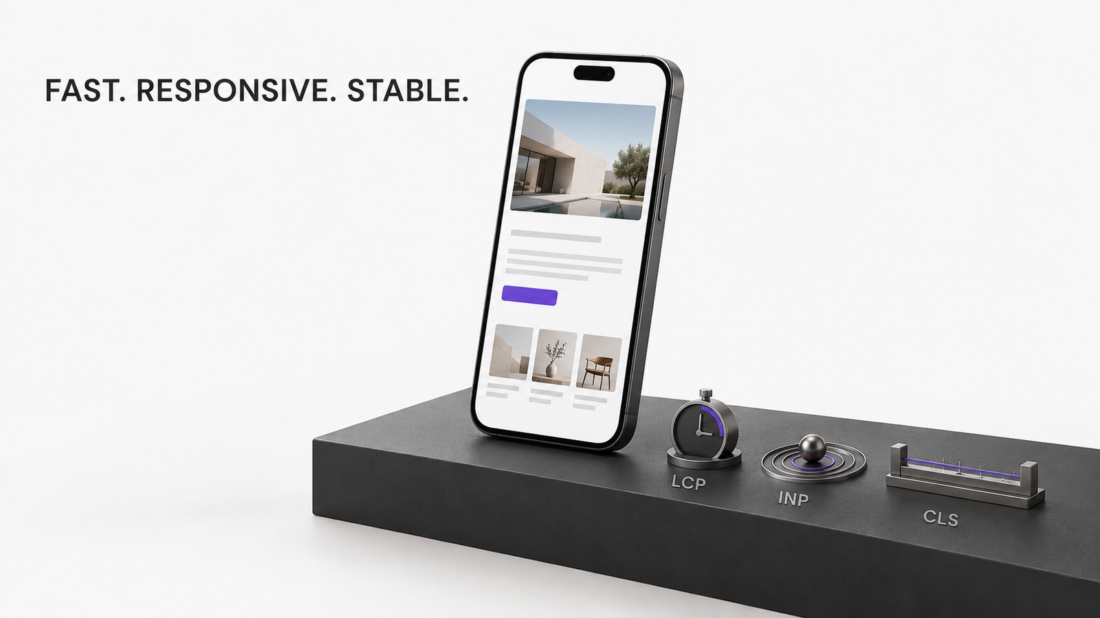 Minimal 3D illustration of a mobile website with LCP, INP, and CLS indicators representing loading speed, responsiveness, and visual stability.