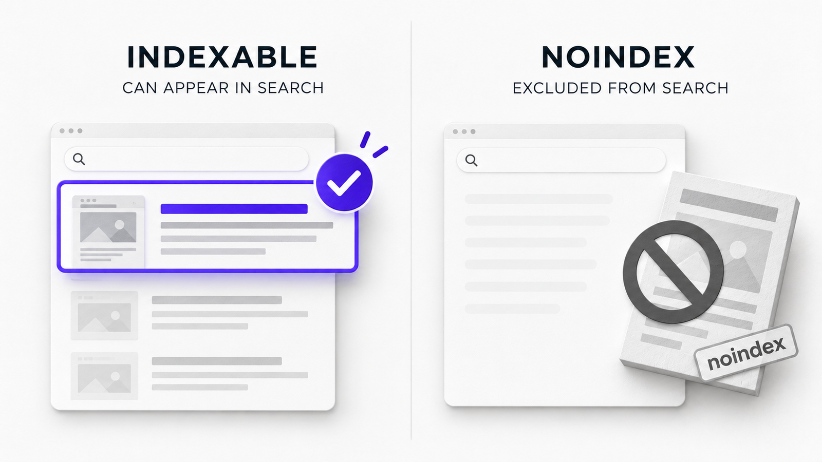 Comparison showing an indexable WordPress page eligible to appear in search results and a noindex page excluded from search results.