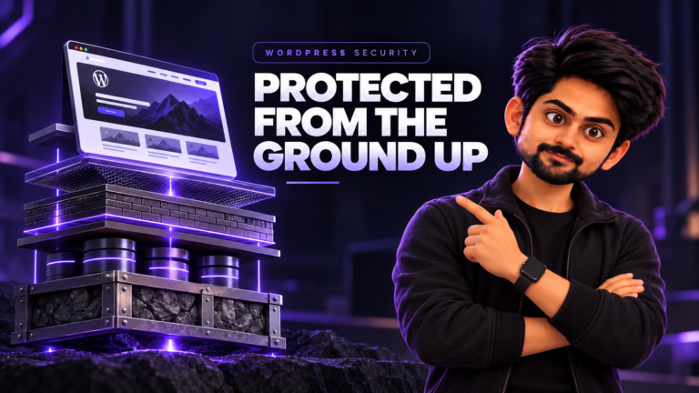 Featured image for a WordPress security blog showing a website built on layered protective foundations, with a character presenting stacked security, backup, and development layers in a dark purple editorial style.