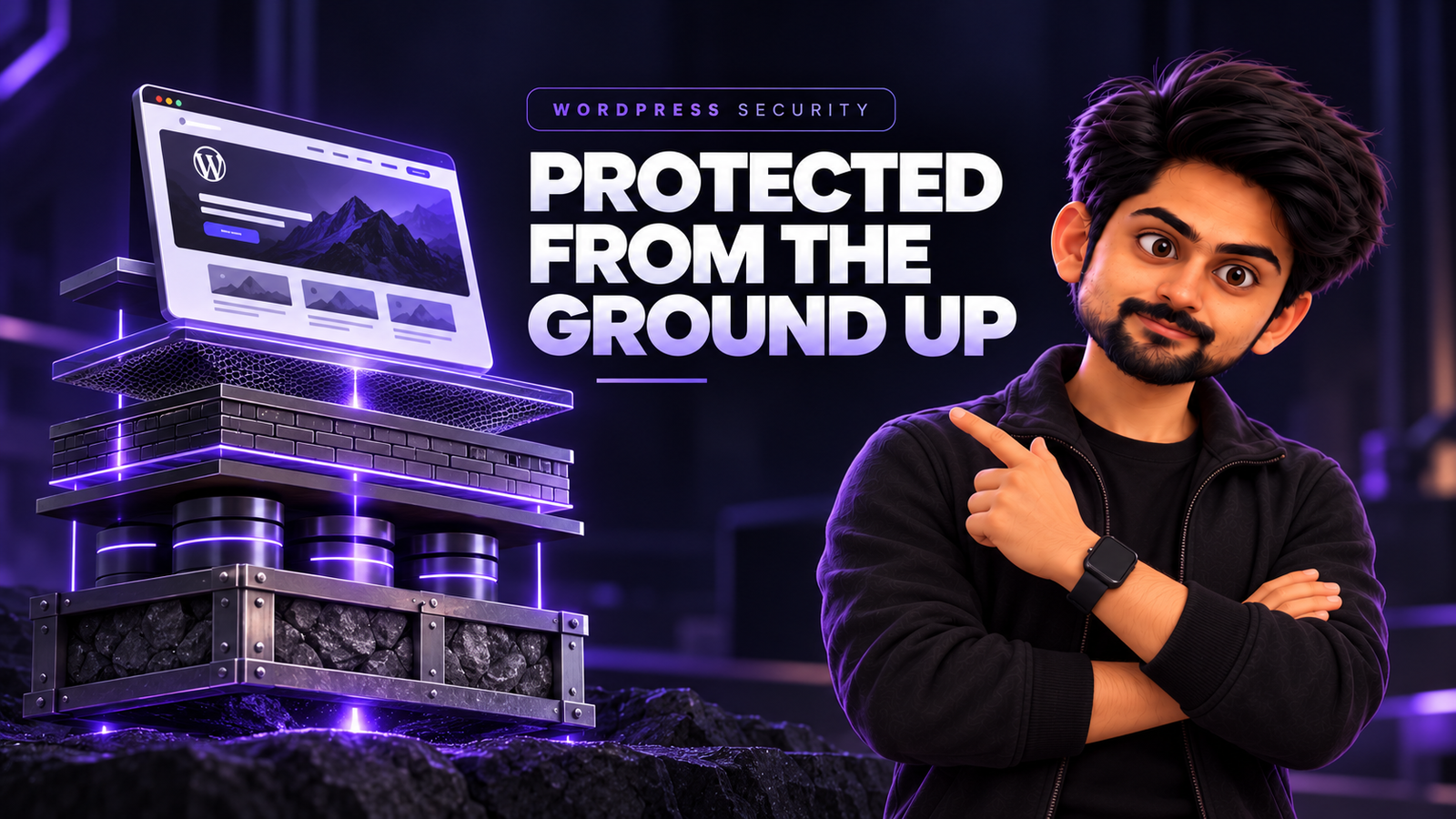 Featured image for a WordPress security blog showing a website built on layered protective foundations, with a character presenting stacked security, backup, and development layers in a dark purple editorial style.