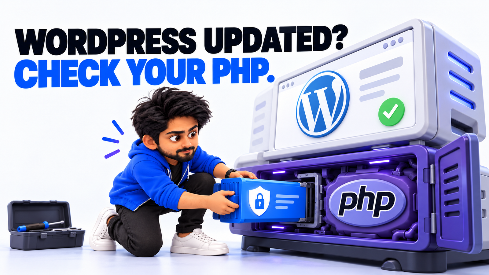 3D illustration of Amar Karthik’s mascot installing a PHP security patch beneath an updated WordPress website to address PHP2Shell vulnerabilities.